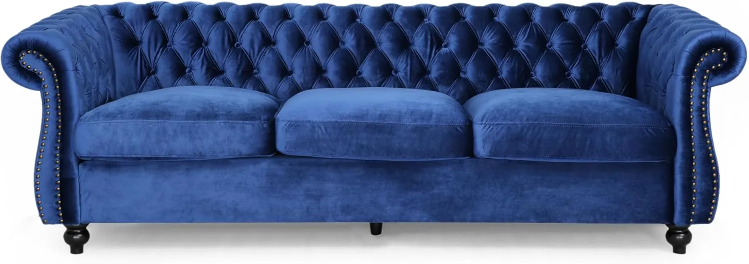 Merax Upholstered Chesterfield Sofa, Classic Retro Style 3 Seater Rolled Arm Couch for Living Room Bedroom Office, Navy Blue