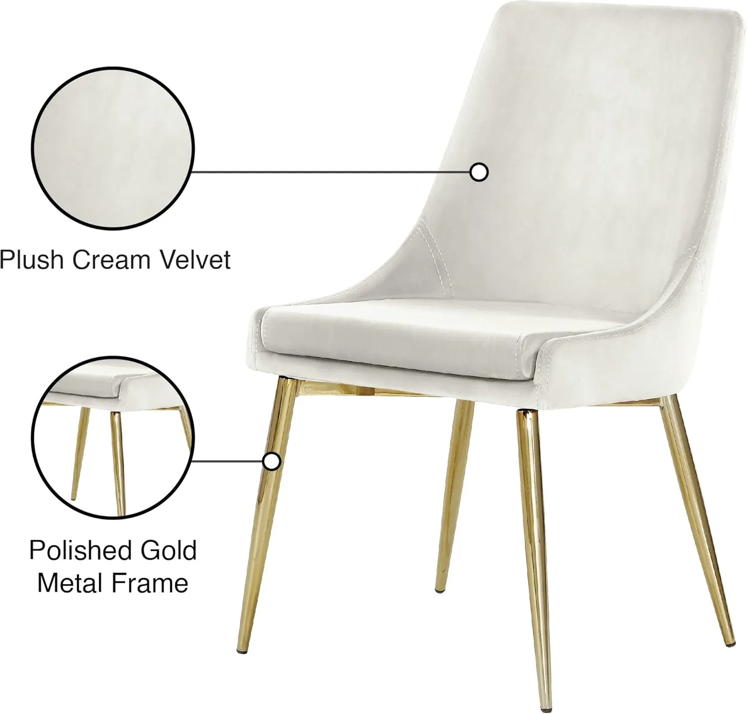 Meridian Furniture Karina Collection Modern | Contemporary Velvet Upholstered Dining Chair with Sturdy Metal Legs, Set of 2, 19.5" W x 21.5" D x 33.5" H, Cream