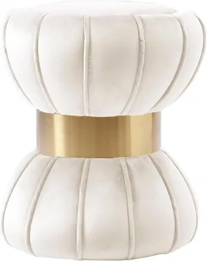 Meridian Furniture Vino Collection Modern | Contemporary Velvet Upholstered Hourglass Shaped Ottoman/Stool with Gold Finished Stainless Steel Band, 15.5" W x 15.5" D x 17" H, Cream