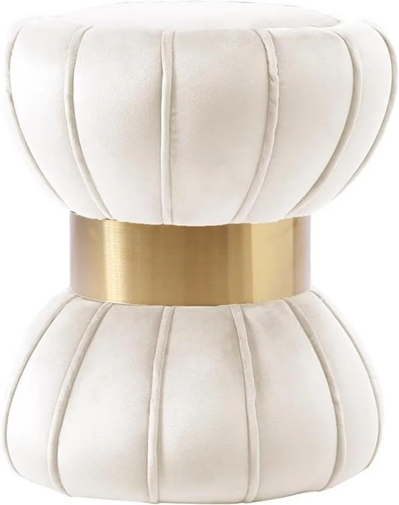 Meridian Furniture Vino Collection Modern | Contemporary Velvet Upholstered Hourglass Shaped Ottoman/Stool with Gold Finished Stainless Steel Band, 15.5" W x 15.5" D x 17" H, Cream