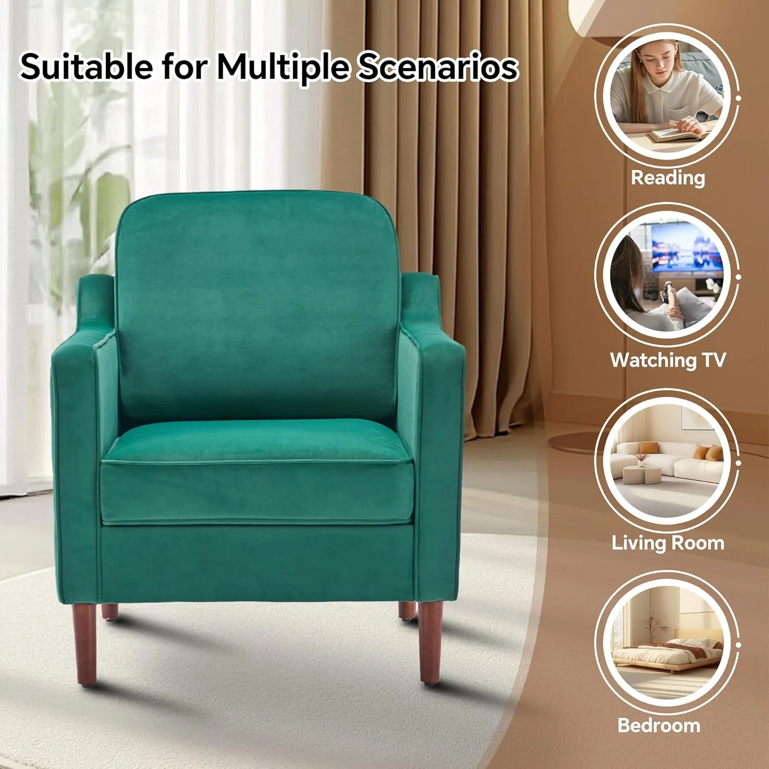 Mid Century Modern Accent Chairs Set of 2, Upholstered Reading Armchair for Living Room, Velvet Comfy Sofa Chair with Wood Legs for Bedroom, Office, Waiting Room, Green