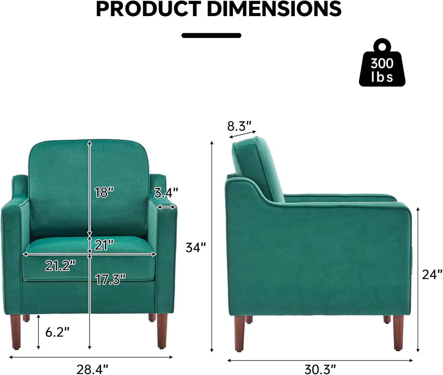 Mid Century Modern Accent Chairs Set of 2, Upholstered Reading Armchair for Living Room, Velvet Comfy Sofa Chair with Wood Legs for Bedroom, Office, Waiting Room, Green