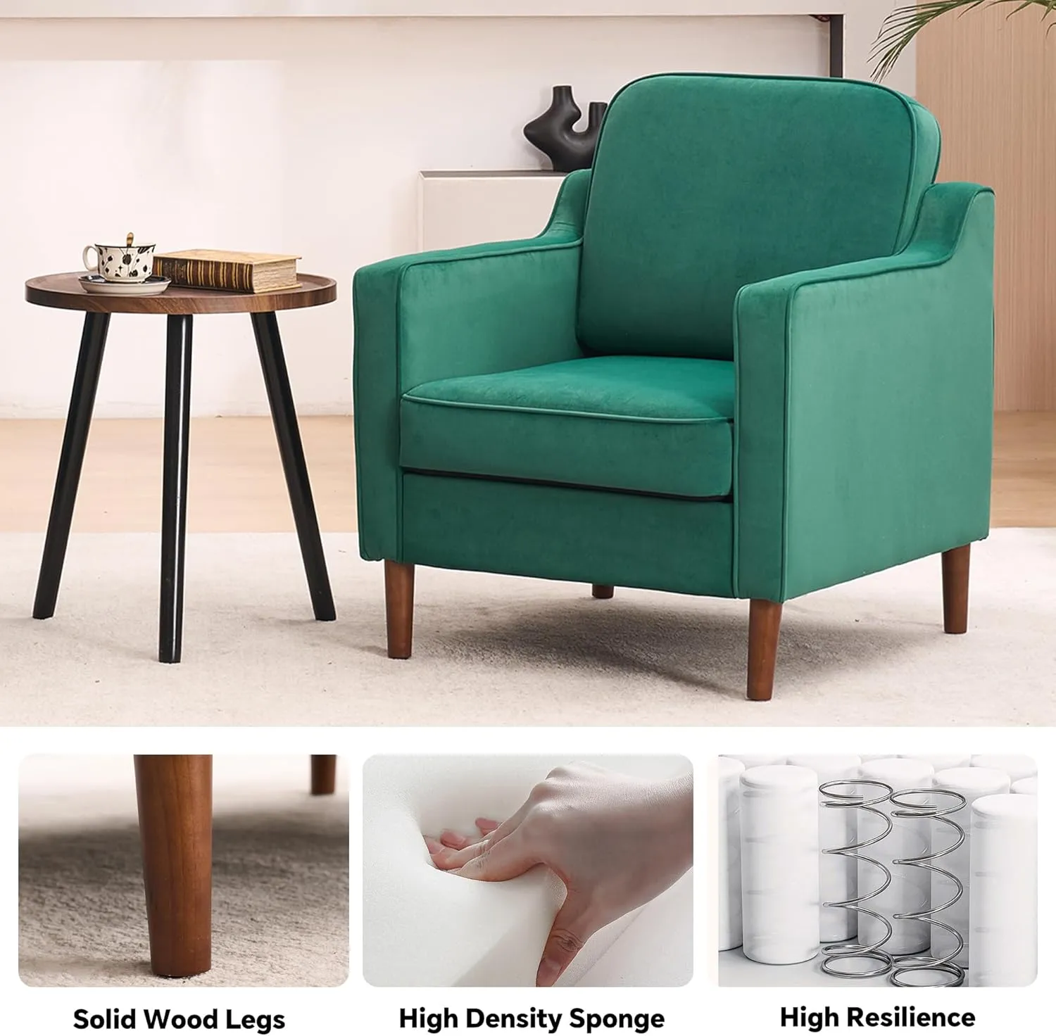 Mid Century Modern Accent Chairs Set of 2, Upholstered Reading Armchair for Living Room, Velvet Comfy Sofa Chair with Wood Legs for Bedroom, Office, Waiting Room, Green