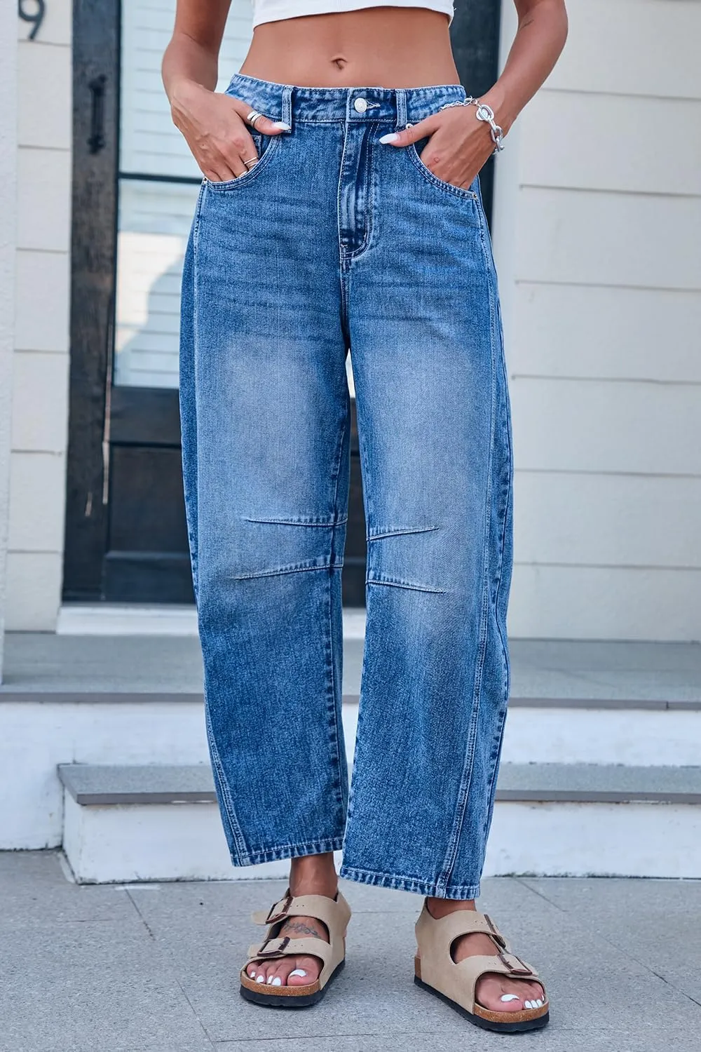 Mid Rise Barrel Jeans for Women Mid Waist Wide Leg Cropped Denim Pants Y2k Baggy Boyfriend Jeans with Pockets