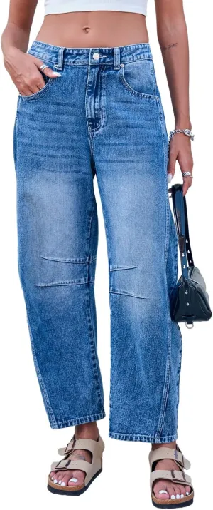 Mid Rise Barrel Jeans for Women Mid Waist Wide Leg Cropped Denim Pants Y2k Baggy Boyfriend Jeans with Pockets