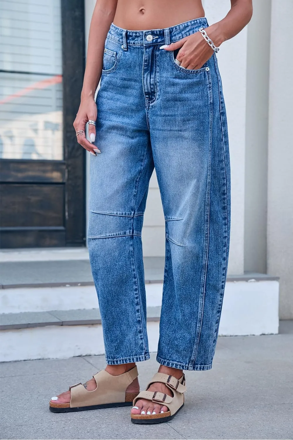 Mid Rise Barrel Jeans for Women Mid Waist Wide Leg Cropped Denim Pants Y2k Baggy Boyfriend Jeans with Pockets