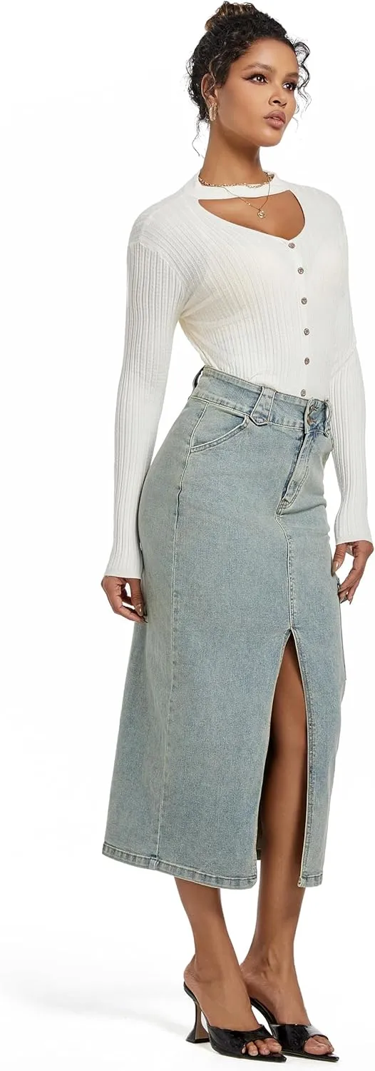 Midi Women Denim Skirt High Waisted Slit Cotton Casual Stretch Long Jean Skirt for Women