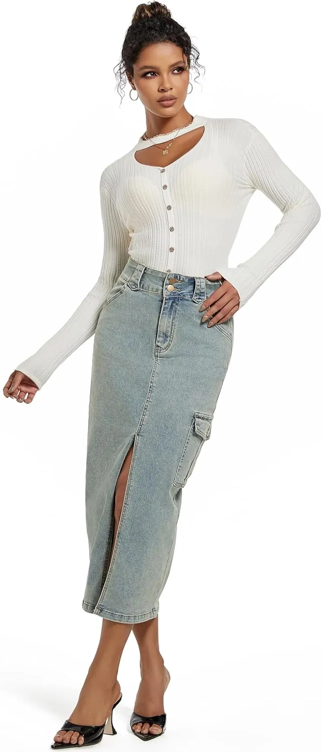 Midi Women Denim Skirt High Waisted Slit Cotton Casual Stretch Long Jean Skirt for Women