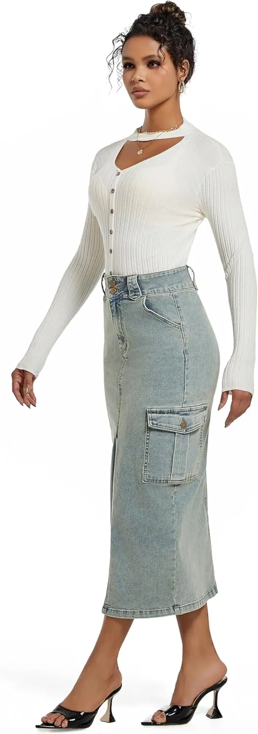 Midi Women Denim Skirt High Waisted Slit Cotton Casual Stretch Long Jean Skirt for Women