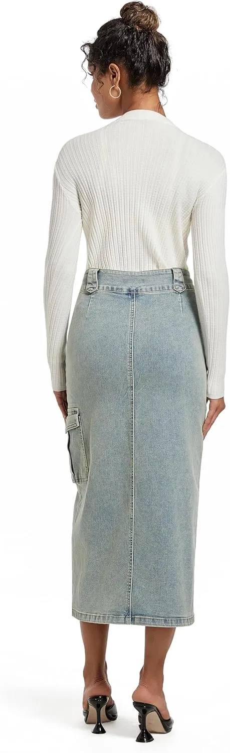 Midi Women Denim Skirt High Waisted Slit Cotton Casual Stretch Long Jean Skirt for Women