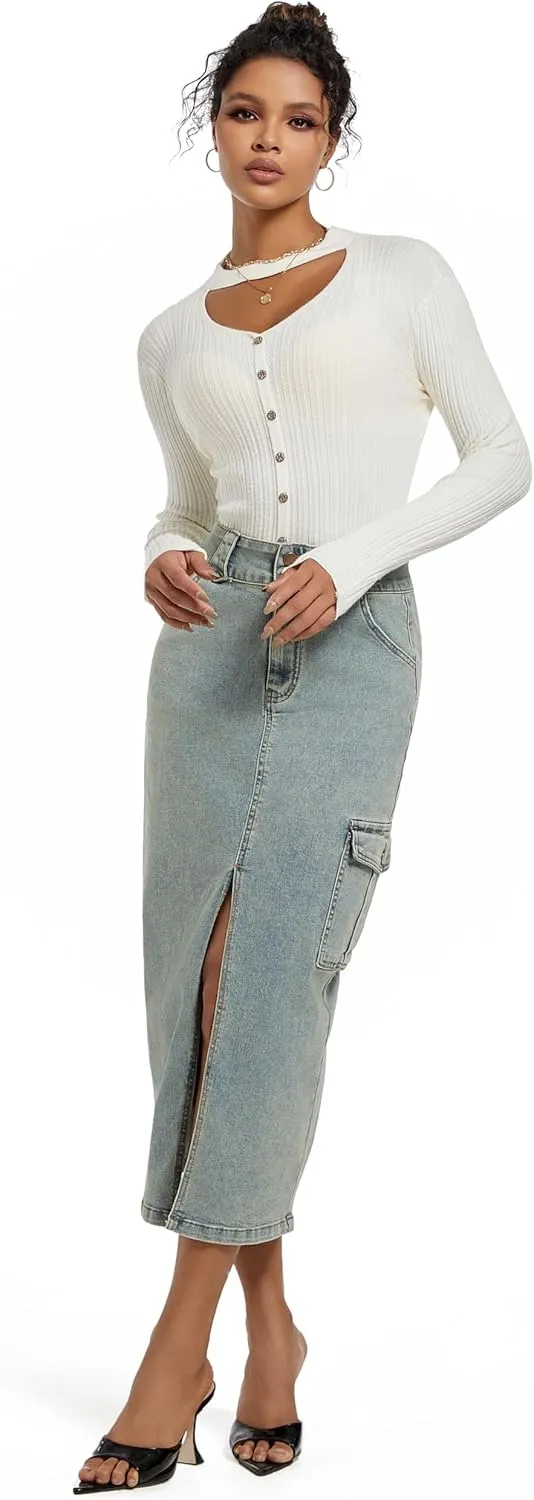 Midi Women Denim Skirt High Waisted Slit Cotton Casual Stretch Long Jean Skirt for Women