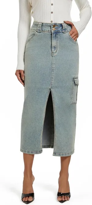 Midi Women Denim Skirt High Waisted Slit Cotton Casual Stretch Long Jean Skirt for Women