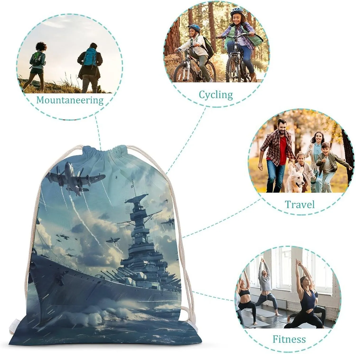 Military USS Enterprise Yorktown-Class Battleship Drawstring Backpack Lightweight Sports Gym Bag String Bag for Men Women 30x40cm