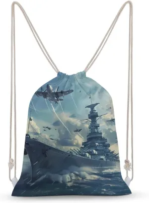 Military USS Enterprise Yorktown-Class Battleship Drawstring Backpack Lightweight Sports Gym Bag String Bag for Men Women 30x40cm