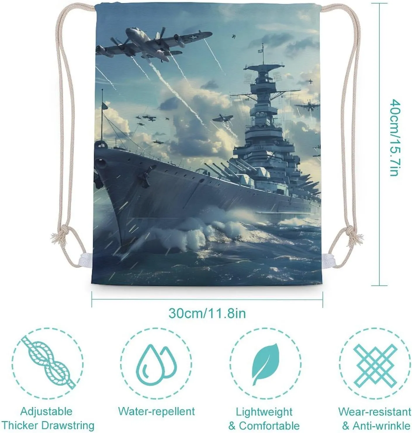 Military USS Enterprise Yorktown-Class Battleship Drawstring Backpack Lightweight Sports Gym Bag String Bag for Men Women 30x40cm