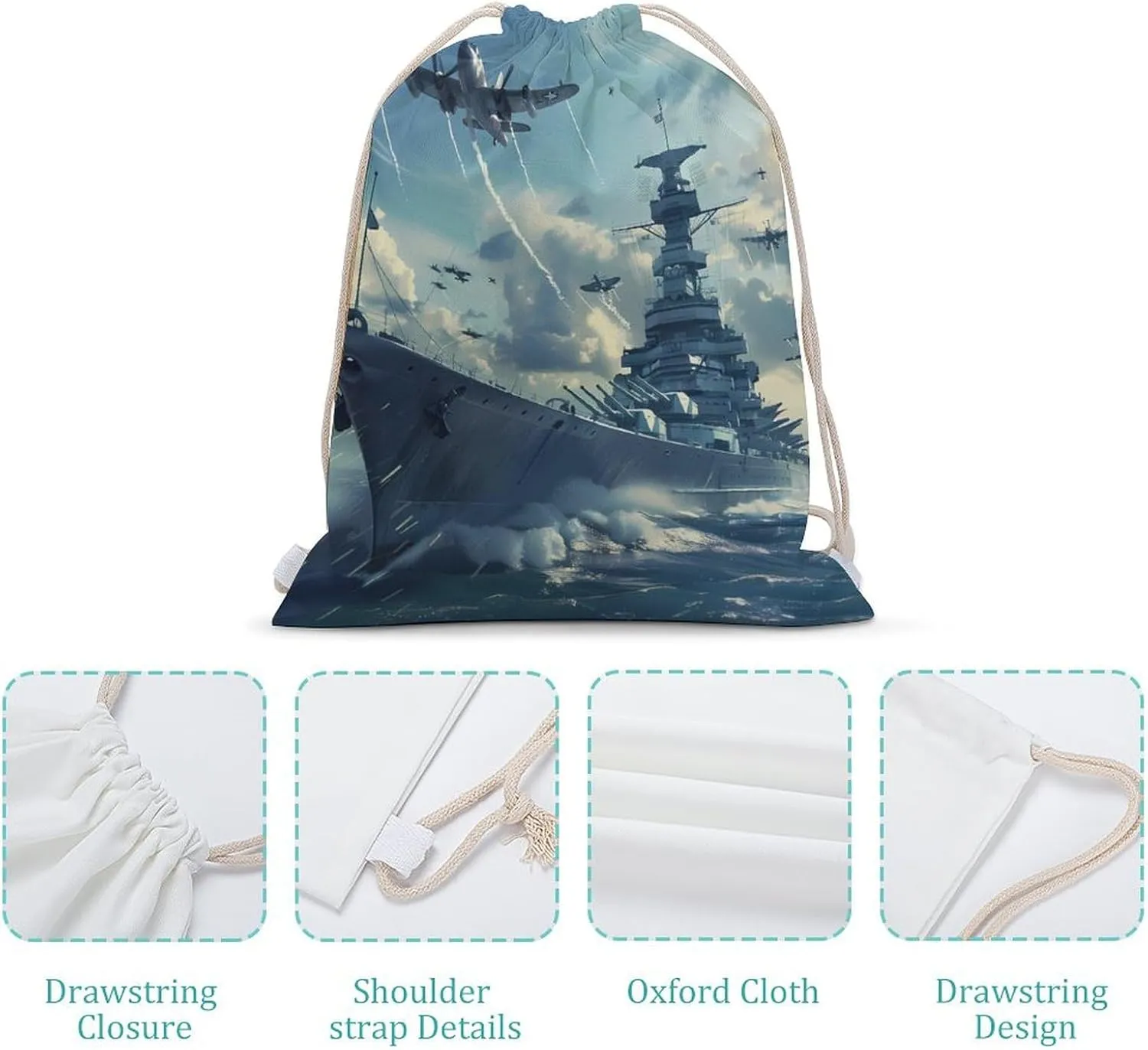 Military USS Enterprise Yorktown-Class Battleship Drawstring Backpack Lightweight Sports Gym Bag String Bag for Men Women 30x40cm