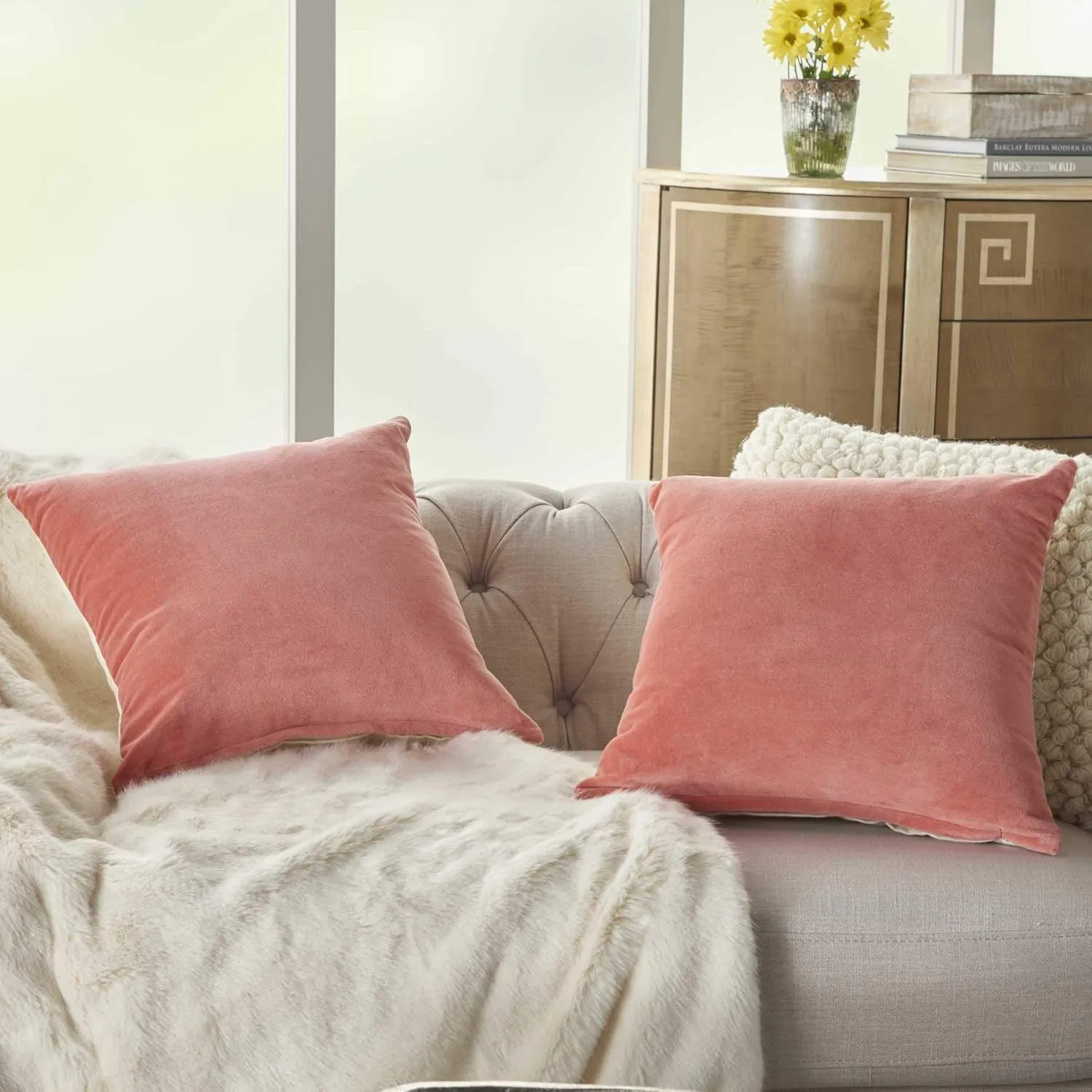 Mina Victory SS999 Pack of 2 Life Styles Velvet Blush Throw Pillow Cover Set 16" x 16", 2 Pieces, 16"x16"