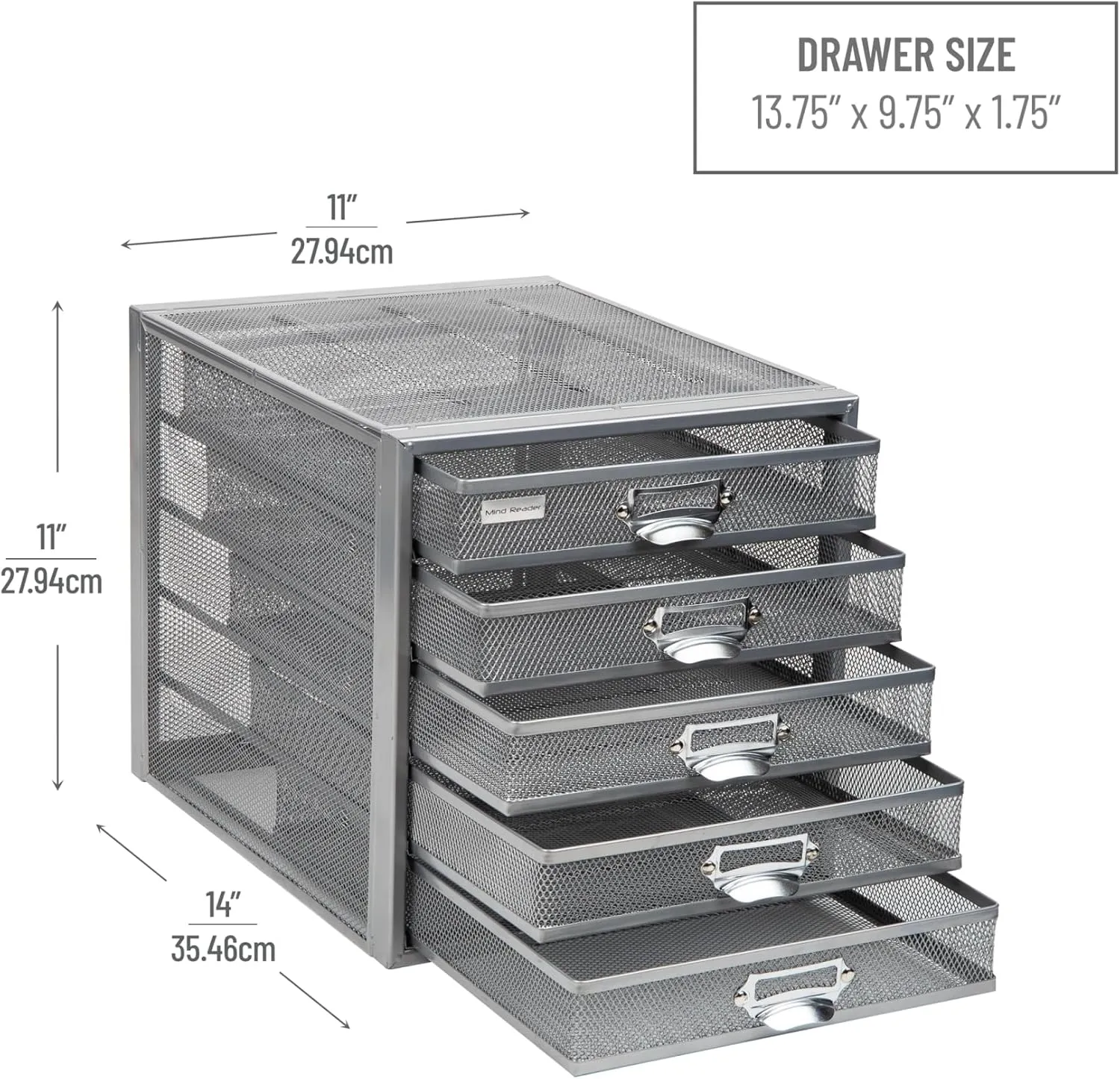 Mind Reader File Storage Drawers, Desk Organizer, Multi-Purpose, Crafts, Office, Metal Mesh, 27.9L x 35.6W x 27.9H cm, Silver