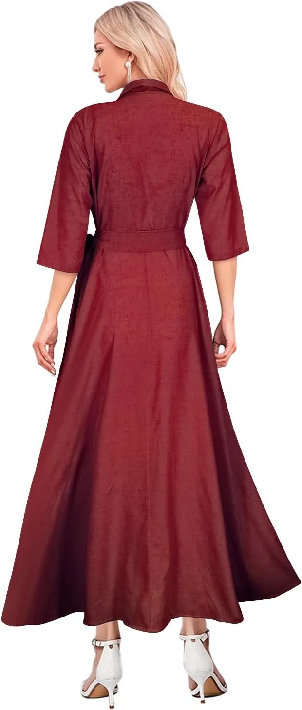 Mingyuezai Women's Linen Wrap Dress V-Neck Lace Up Half Sleeve Maxi Dress