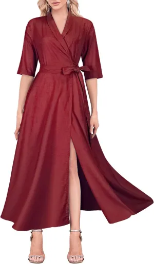 Mingyuezai Women's Linen Wrap Dress V-Neck Lace Up Half Sleeve Maxi Dress