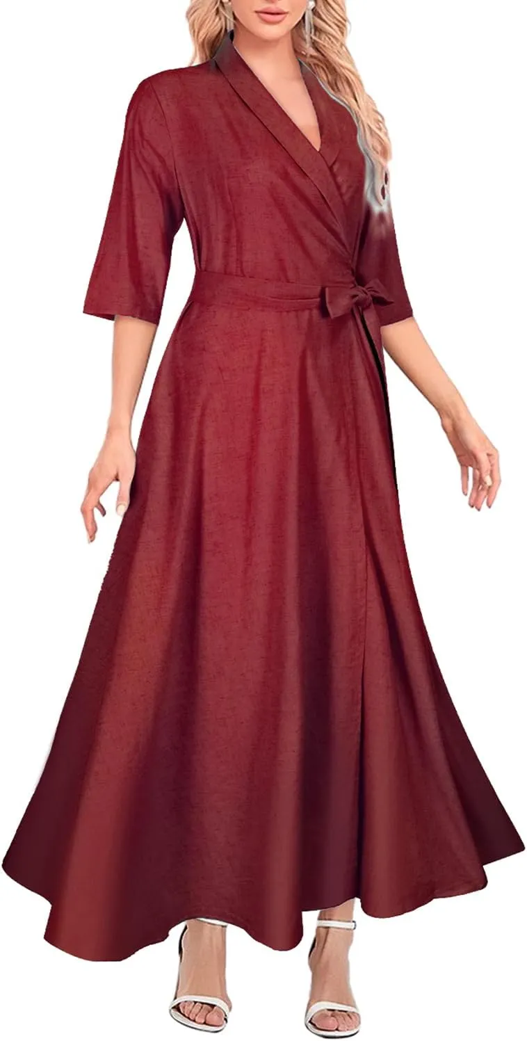 Mingyuezai Women's Linen Wrap Dress V-Neck Lace Up Half Sleeve Maxi Dress