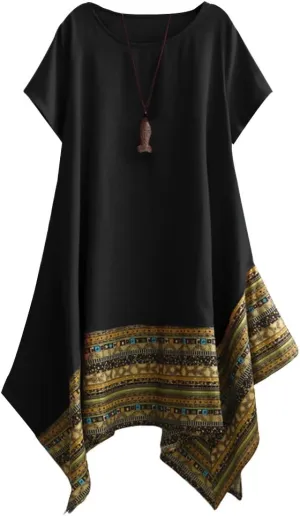 Minibee Women's Ethnic Cotton Linen Short/Long Sleeves Irregular Dress