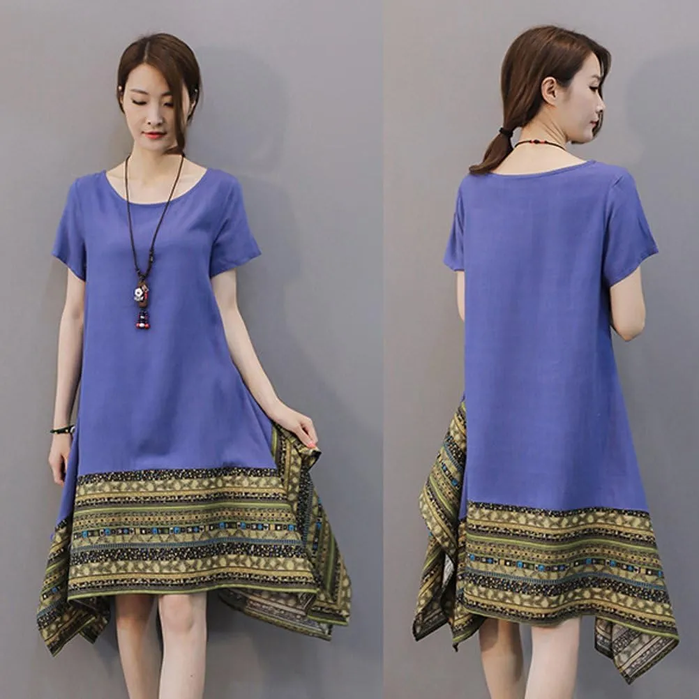 Minibee Women's Ethnic Cotton Linen Short/Long Sleeves Irregular Dress