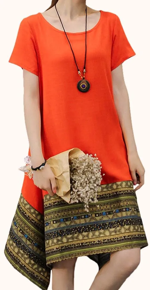 Minibee Women's Ethnic Cotton Linen Short/Long Sleeves Irregular Dress