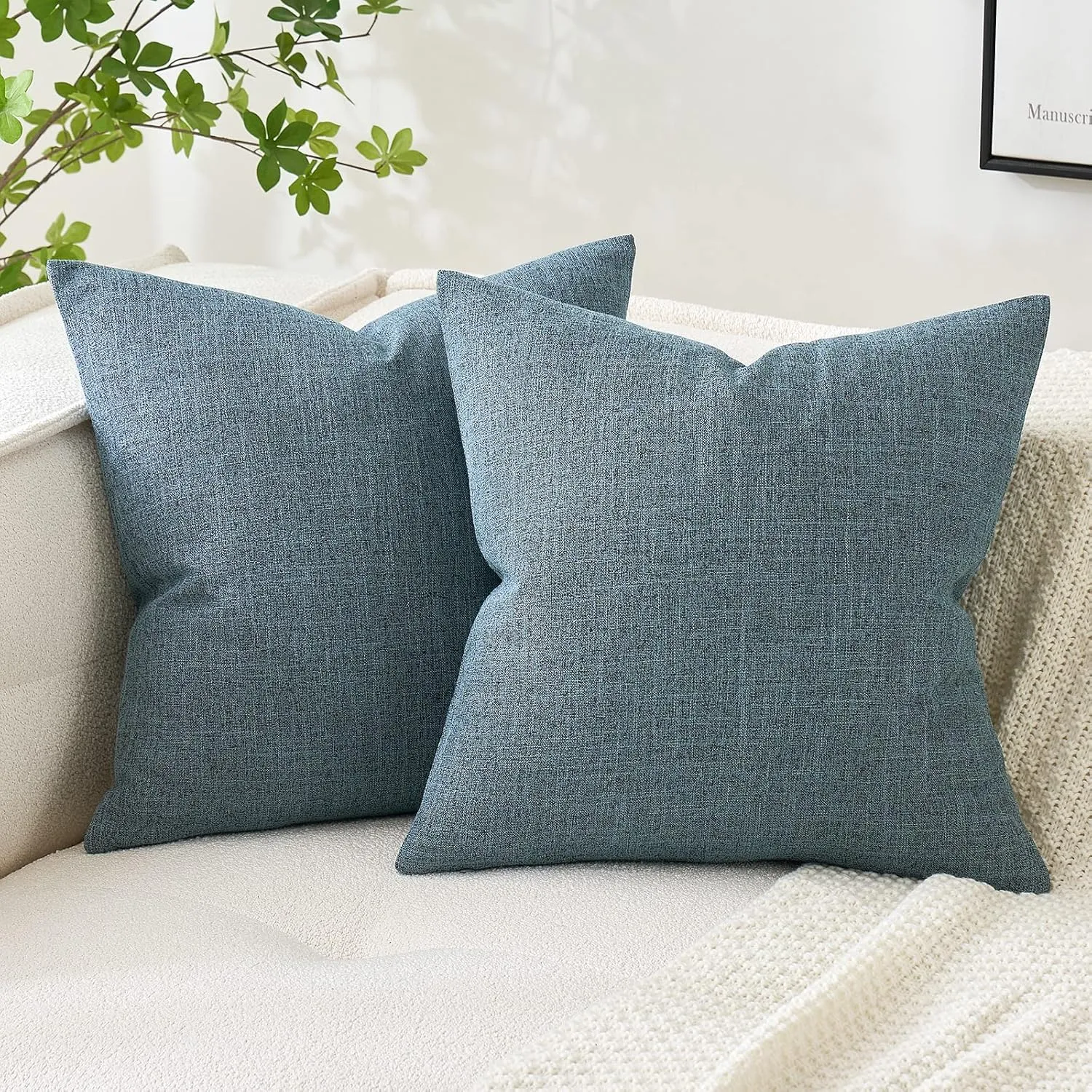 MIULEE Pack of 2 Decorative Linen Burlap Coastal Pillow Covers Farmhouse Accent Pillowcases for Sofa Car Couch Bedroom Living Room Decor 20x20 Inch Dusty Blue
