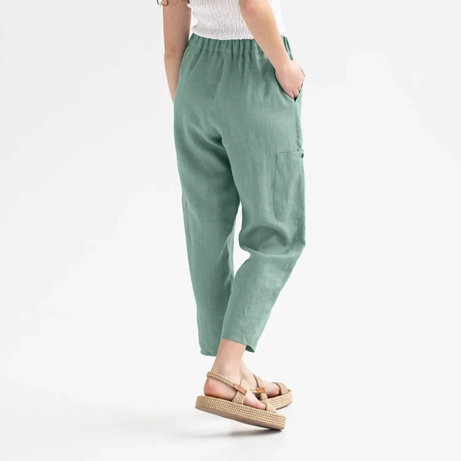 Miyaomn Women's Casual Tapered Cargo Capri Pants Cotton Linen High Elastic Waist Solid Cropped Lounge Trousers with Pockets