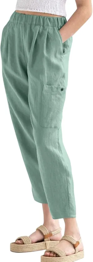 Miyaomn Women's Casual Tapered Cargo Capri Pants Cotton Linen High Elastic Waist Solid Cropped Lounge Trousers with Pockets