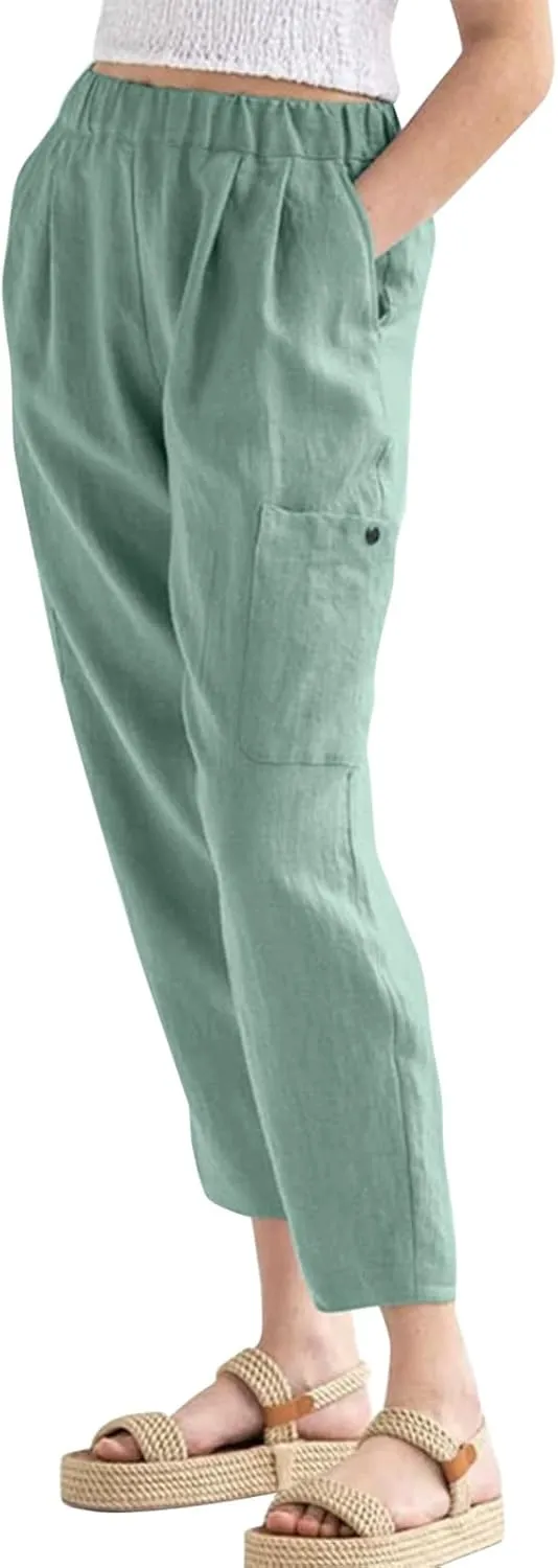 Miyaomn Women's Casual Tapered Cargo Capri Pants Cotton Linen High Elastic Waist Solid Cropped Lounge Trousers with Pockets