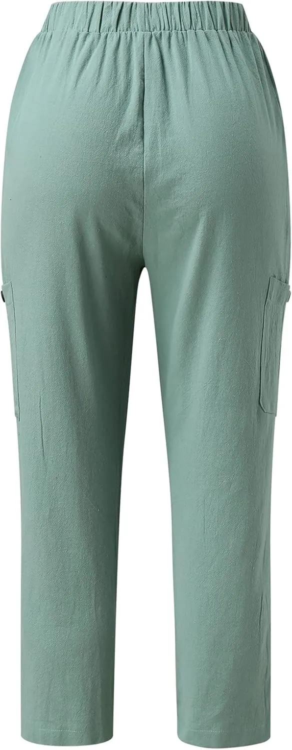 Miyaomn Women's Casual Tapered Cargo Capri Pants Cotton Linen High Elastic Waist Solid Cropped Lounge Trousers with Pockets
