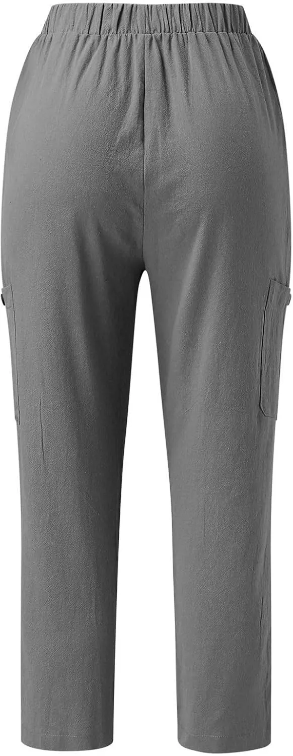 Miyaomn Women's Casual Tapered Cargo Capri Pants Cotton Linen High Elastic Waist Solid Cropped Lounge Trousers with Pockets