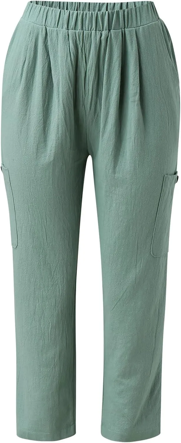 Miyaomn Women's Casual Tapered Cargo Capri Pants Cotton Linen High Elastic Waist Solid Cropped Lounge Trousers with Pockets