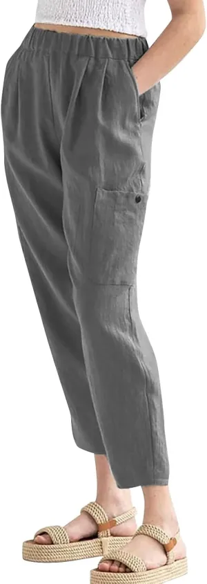 Miyaomn Women's Casual Tapered Cargo Capri Pants Cotton Linen High Elastic Waist Solid Cropped Lounge Trousers with Pockets