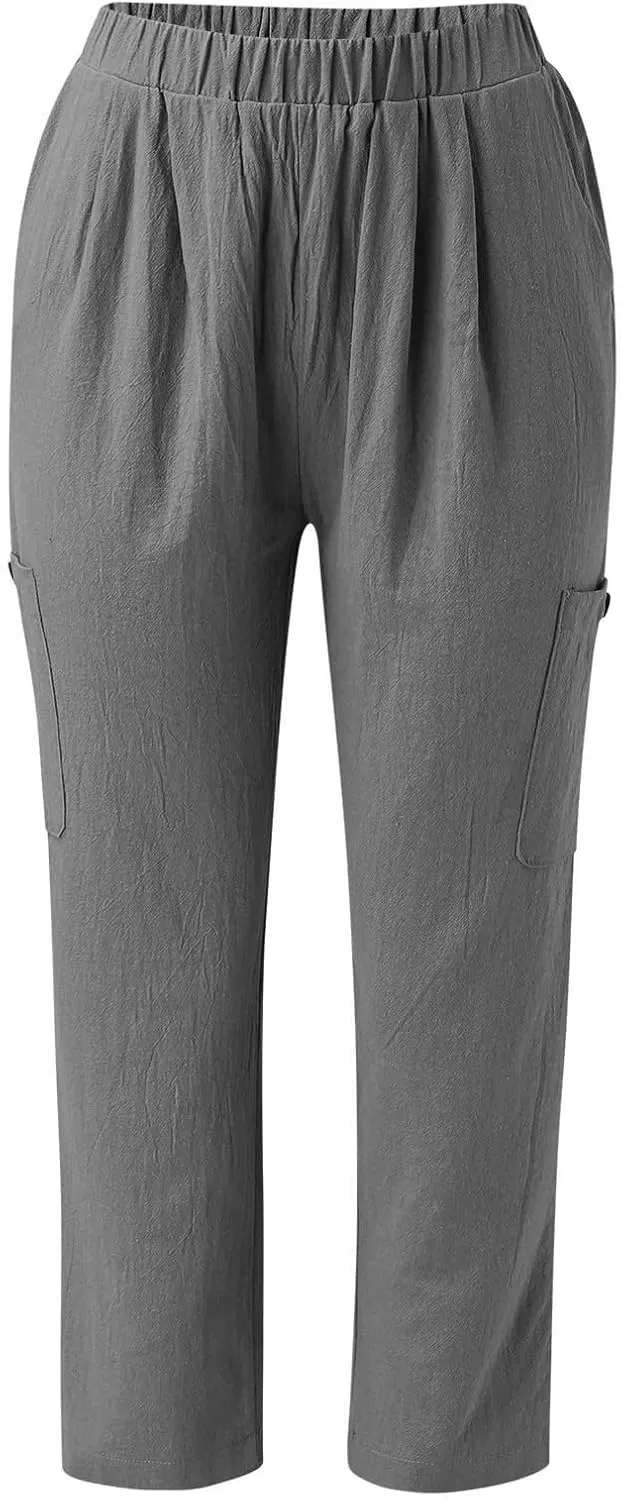 Miyaomn Women's Casual Tapered Cargo Capri Pants Cotton Linen High Elastic Waist Solid Cropped Lounge Trousers with Pockets
