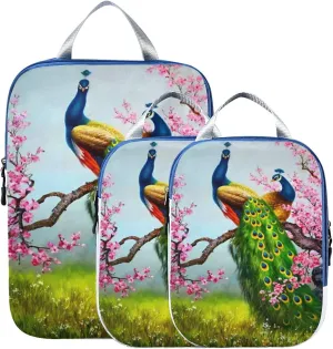 MNSRUU Packing Cubes Attractive Peacocks Spring Compression Luggage Cubes Packing Bags Travel Organizer for Suitcases, 3 PCS