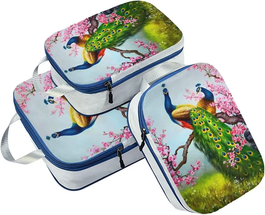 MNSRUU Packing Cubes Attractive Peacocks Spring Compression Luggage Cubes Packing Bags Travel Organizer for Suitcases, 3 PCS