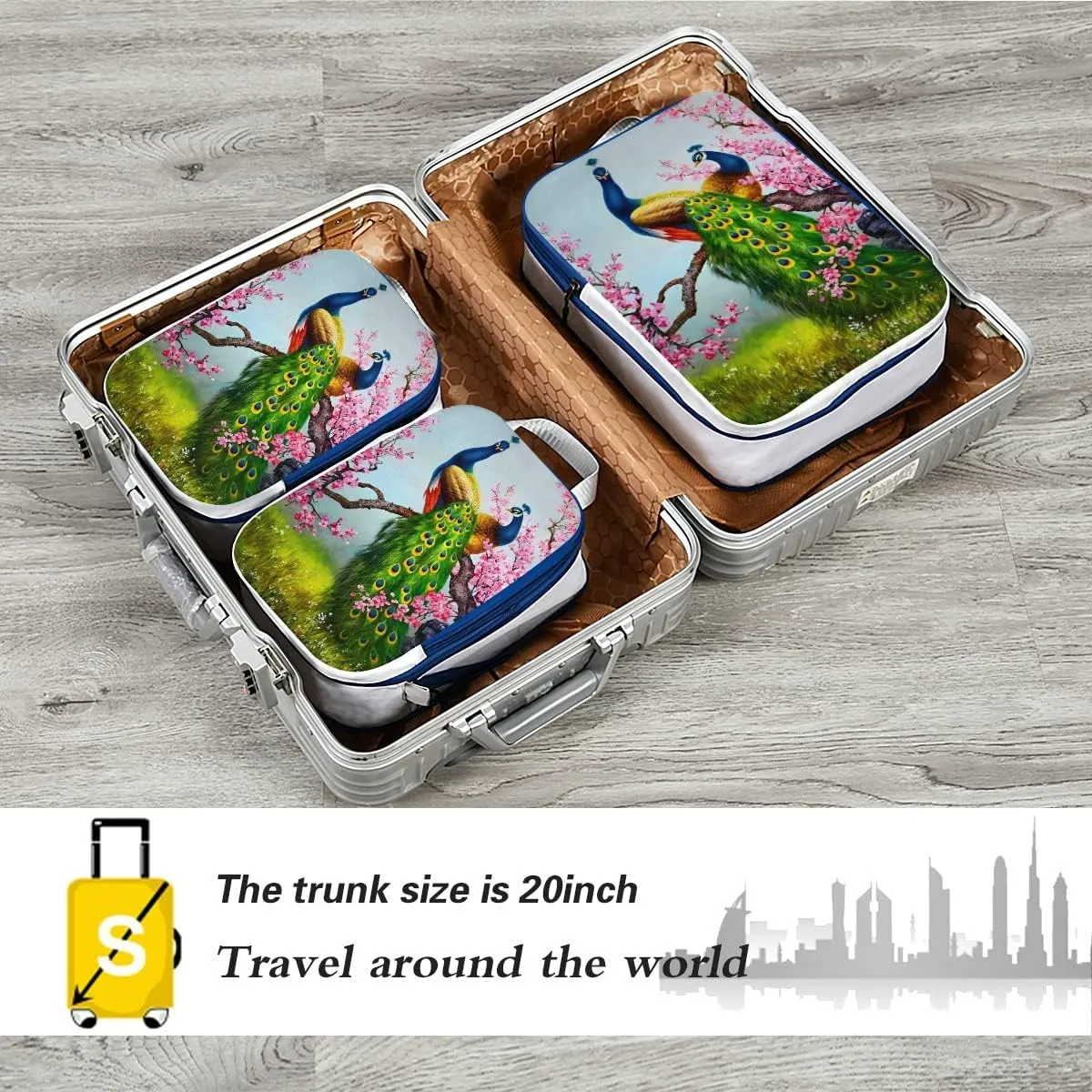 MNSRUU Packing Cubes Attractive Peacocks Spring Compression Luggage Cubes Packing Bags Travel Organizer for Suitcases, 3 PCS