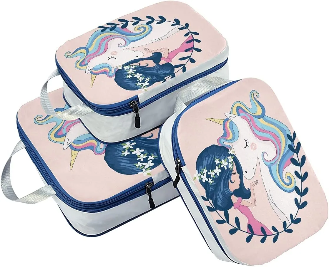 MNSRUU Packing Cubes Cute Girl And Unicorn Compression Luggage Cubes Packing Bags Travel Organizer for Suitcases, 3 PCS