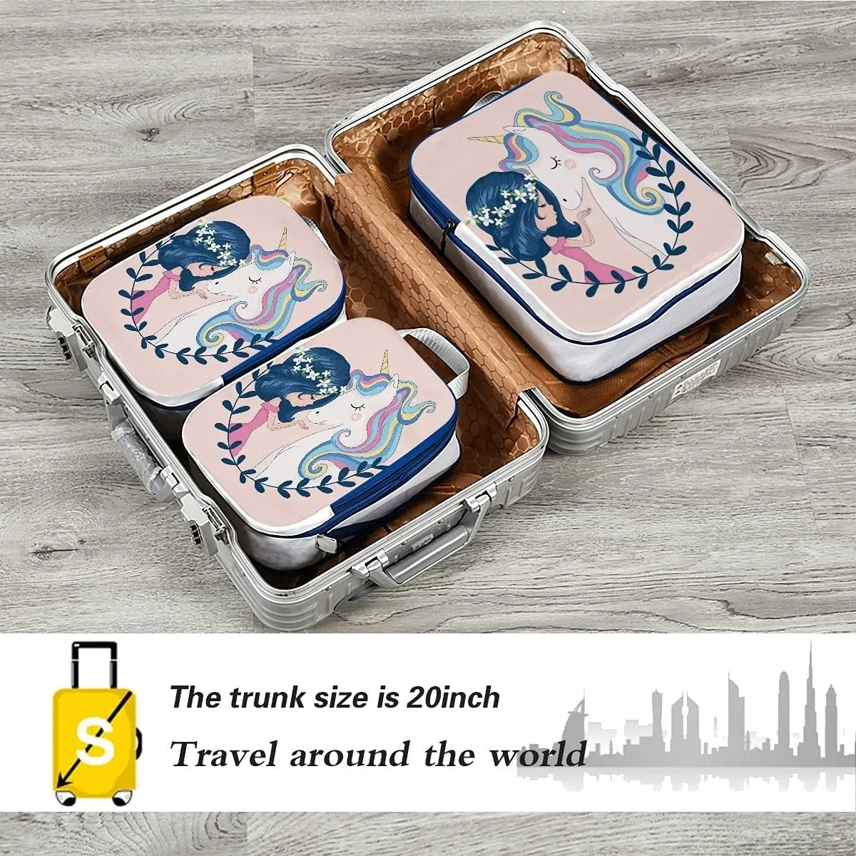 MNSRUU Packing Cubes Cute Girl And Unicorn Compression Luggage Cubes Packing Bags Travel Organizer for Suitcases, 3 PCS
