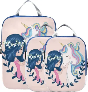 MNSRUU Packing Cubes Cute Girl And Unicorn Compression Luggage Cubes Packing Bags Travel Organizer for Suitcases, 3 PCS