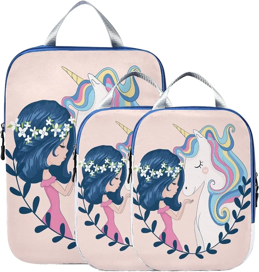 MNSRUU Packing Cubes Cute Girl And Unicorn Compression Luggage Cubes Packing Bags Travel Organizer for Suitcases, 3 PCS