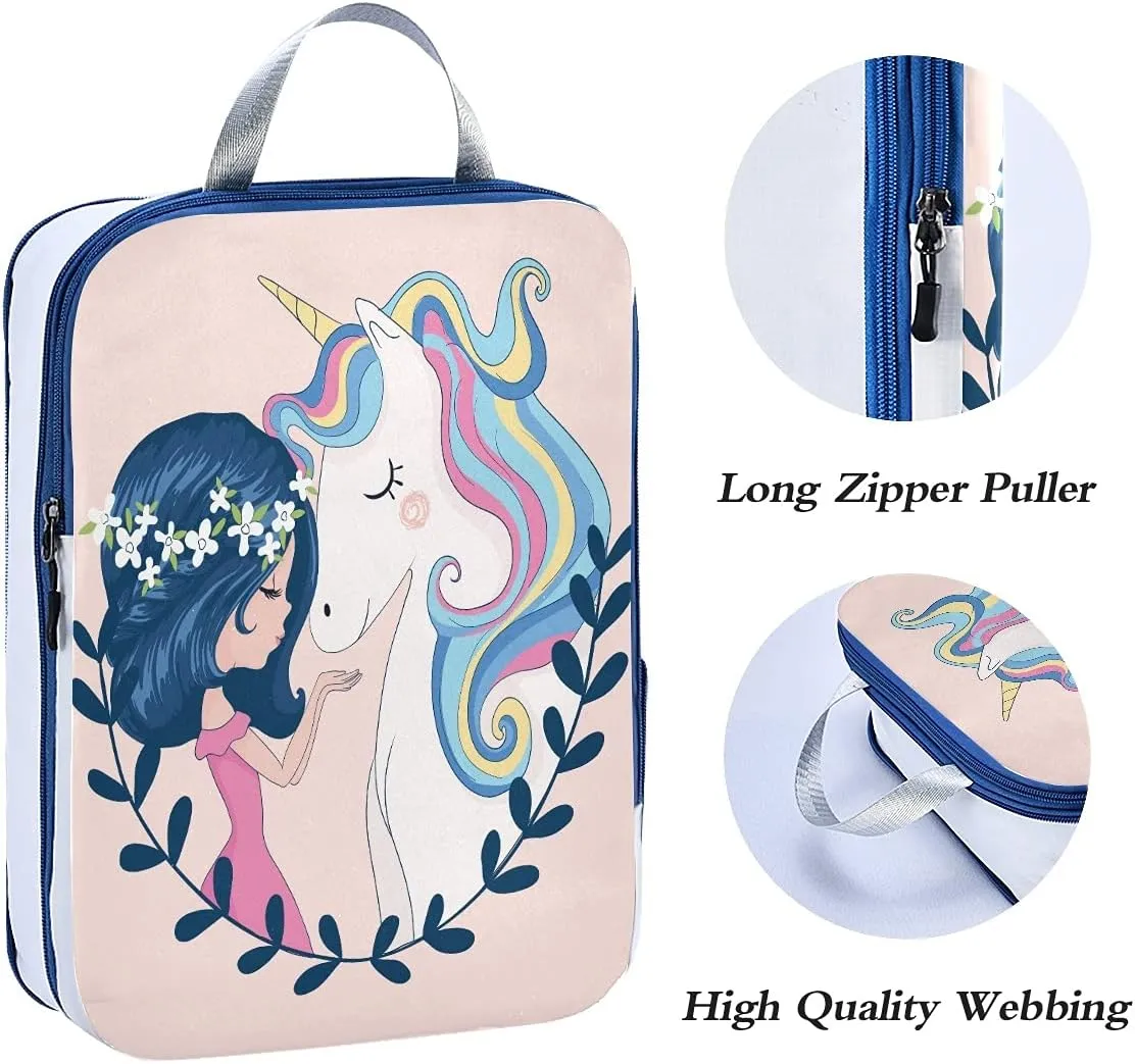 MNSRUU Packing Cubes Cute Girl And Unicorn Compression Luggage Cubes Packing Bags Travel Organizer for Suitcases, 3 PCS