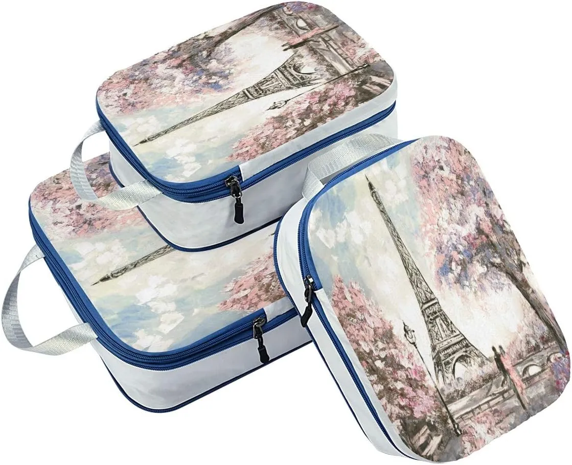 MNSRUU Packing Cubes Romantic Pink Paris Street Scene Compression Luggage Cubes Packing Bags Travel Organizer for Suitcases, 3 PCS
