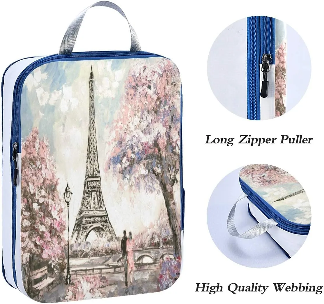 MNSRUU Packing Cubes Romantic Pink Paris Street Scene Compression Luggage Cubes Packing Bags Travel Organizer for Suitcases, 3 PCS