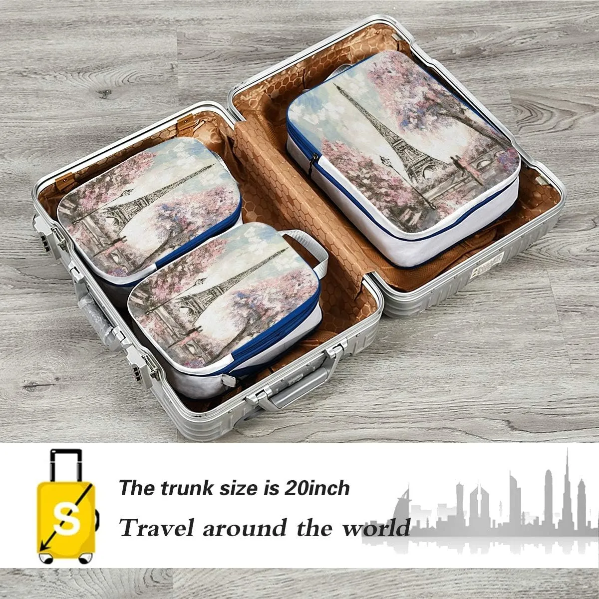 MNSRUU Packing Cubes Romantic Pink Paris Street Scene Compression Luggage Cubes Packing Bags Travel Organizer for Suitcases, 3 PCS