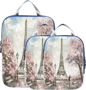 MNSRUU Packing Cubes Romantic Pink Paris Street Scene Compression Luggage Cubes Packing Bags Travel Organizer for Suitcases, 3 PCS