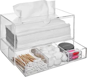 Modern Clear Acrylic Facial Tissue Dispenser Holder with Pull-Out Drawer for Makeup Cosmetics and Accessories, Vanity Countertop Bathroom Supplies Caddy